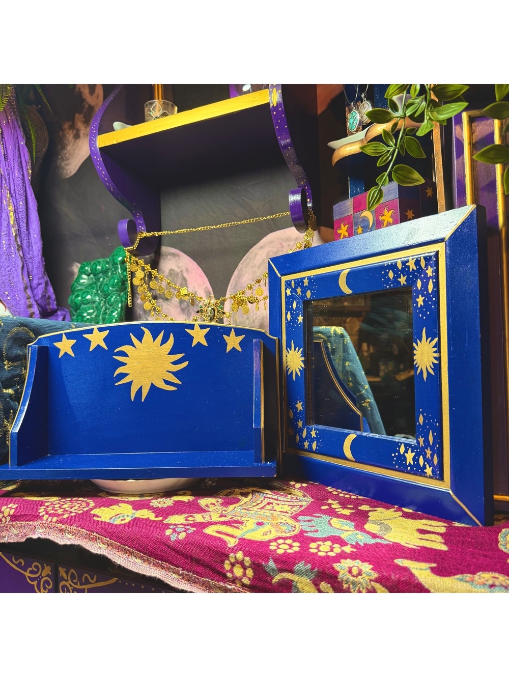 Set Celestial Hanging Mirror & Shelf Sun Moon Stars Cobalt Blue